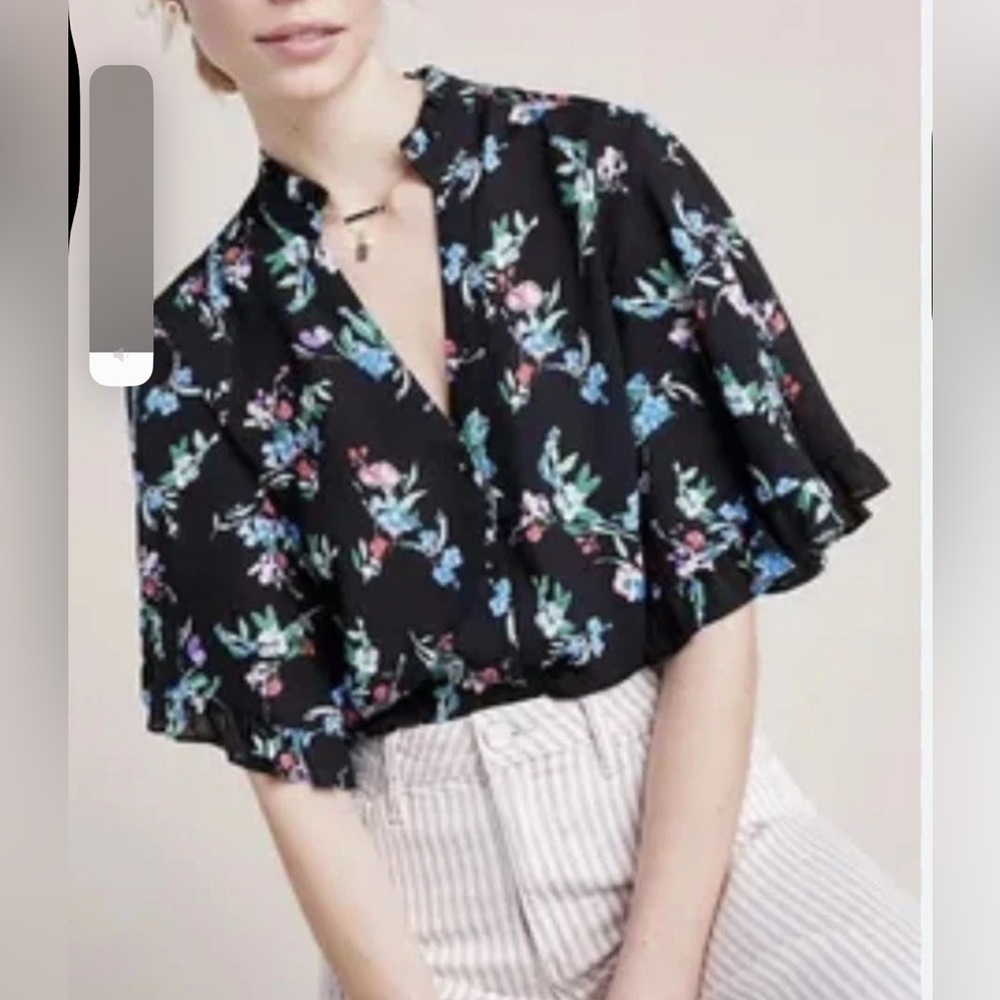 Maeve Anthropologie Women's Top Size XS Black Floral Flutter Sleeve Boho